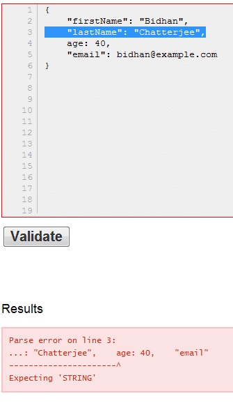JSONLint - showing validation error