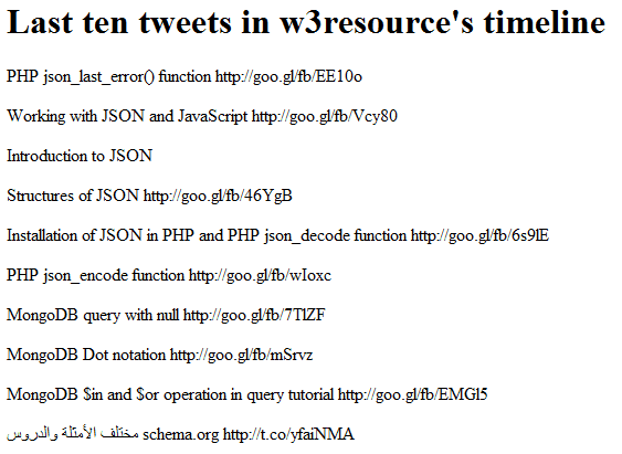 last-ten-tweets-fetched-PHP-JSON w3resource